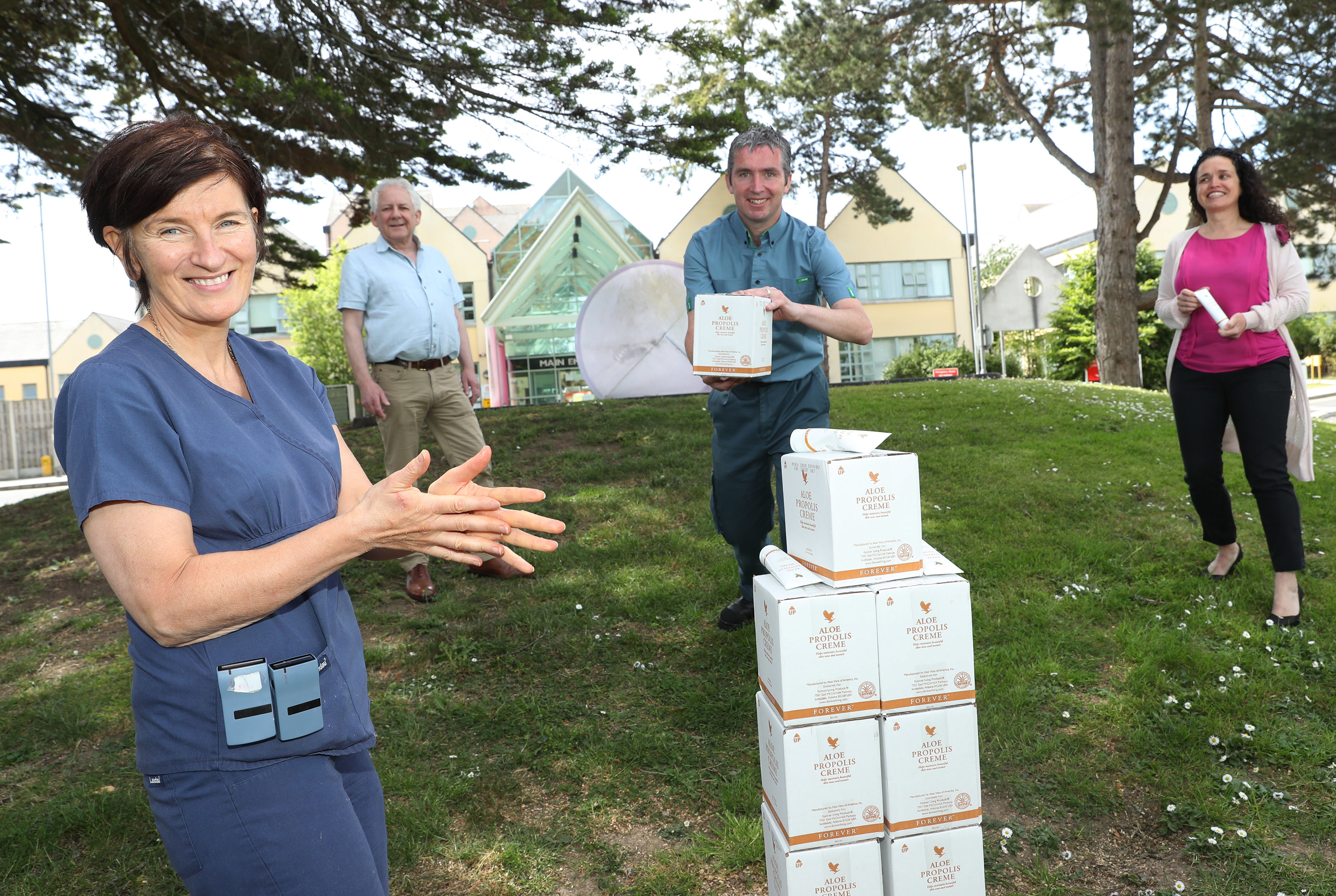 Pictured at the first handover of the Propolis cream product to nurses at Naas General Hospital are (left to right): Bríd Crennan, Assistant Director of Nursing at Naas General Hospital; Steve Fitzpatrick, General Secretary of the CWU; Naas Postman, Gary Houlihan and Phíl Ní Sheaghdha, General Secretary of the INMO. 