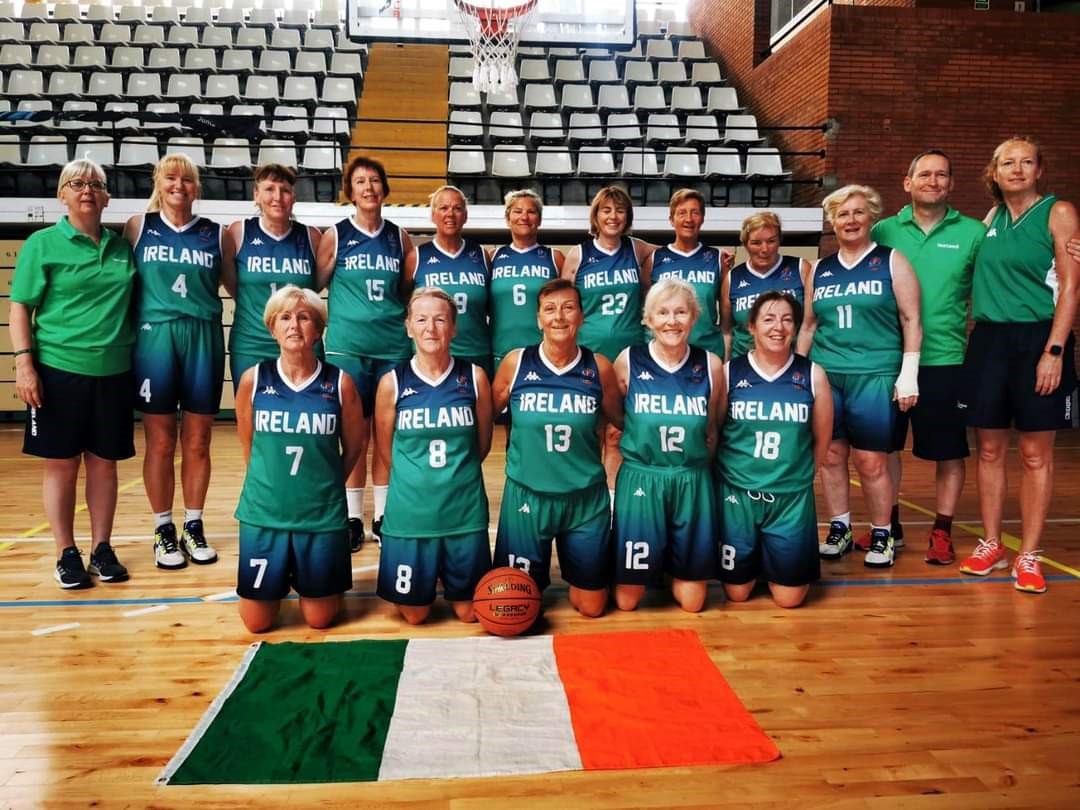 Orlaith (in number 7 Ireland jersey) with the Irish Masters Over 55 women's basketball team 